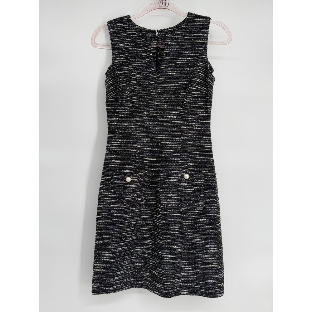 Karl Lagerfeld Sz 2 Black White Tweed Sleeveless Sheath Dress Pearl Detail